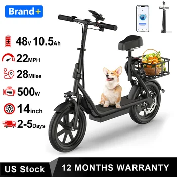 14-Inch Electric Scooter with Seat for Adults – 500W Motor, 48V 10.4Ah Battery, 20MPH Speed, 28-Mile Range, Wide Deck & Rear Basket 1