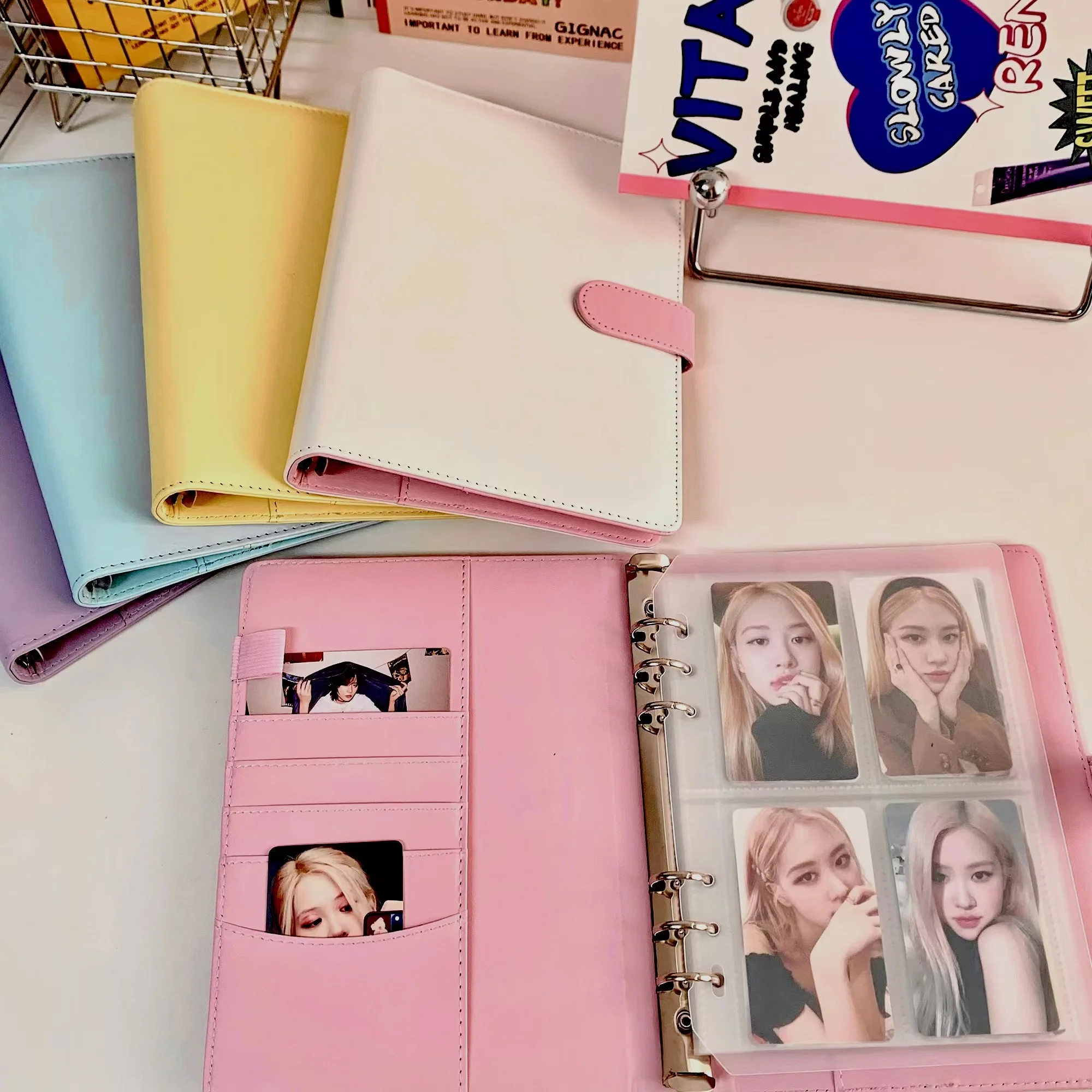 Carpeta de cuero Pu A5 de Color caramelo, cubierta de tarjetas de fotos, libro de colección de hojas sueltas Kpop, libro de almacenamiento de tarjetas de fotos, papelería