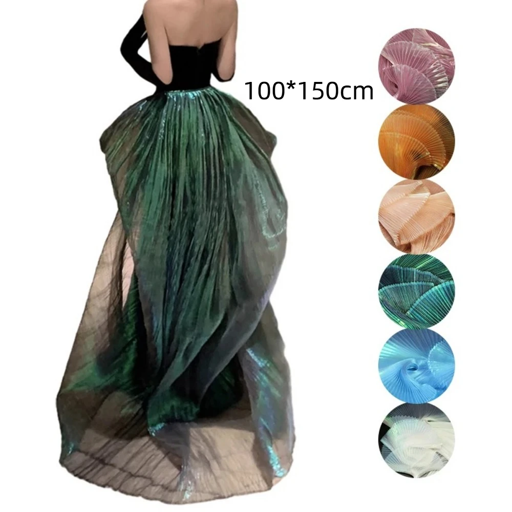 Creative Shiny Pleated Organza Fabric 100*150cm Handmade Cloth Fabric Rainbow Mermaid DIY Material Sewing Girls Skirt Dress