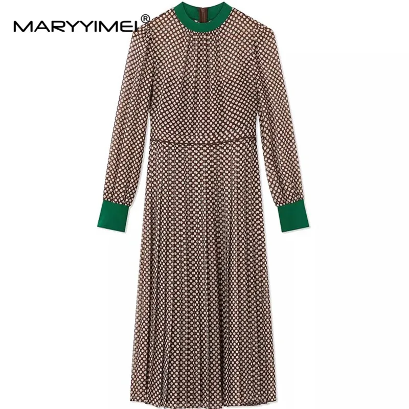 

Модное уличное платье MARYYIMEI, дизайнерское женское Плиссированное длинное платье с круглым вырезом, длинным рукавом, принтом в горошек и высокой талией