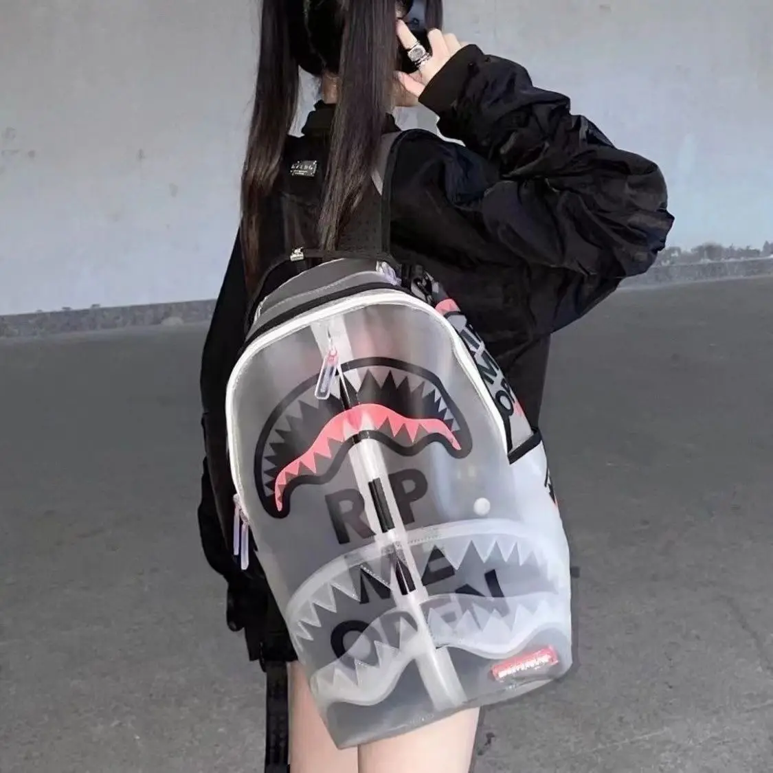 

Y2k Streetwear Backpack Men Women Shark Design PU Leather Fashion Backbag Large Capacity Hip Hop Trendy Traveling School Bag