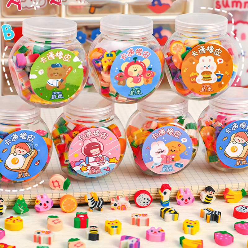 50PCS Cute Rubber Pencil Erasers Creative Animal Fruit Mini Kawaii Stationery Kids Student Office Supplies