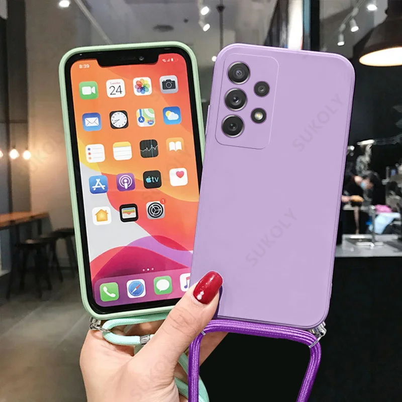 samsung cute phone cover For Samsung Galaxy A52 5G A72 A42 S22 Ultra S21 S20 FE A51 A71 Crossbody Hanging Shoulder Cover Liquid Silicone Lanyard Case kawaii phone case samsung