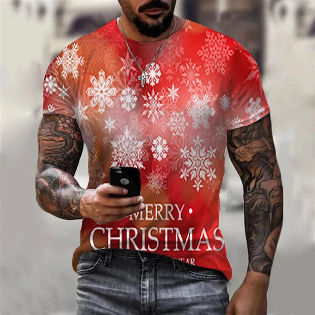 3dスノーフレーククリスマスtシャツメンズ半袖メリークリスマス英語手紙3dプリントストリートティー6xl