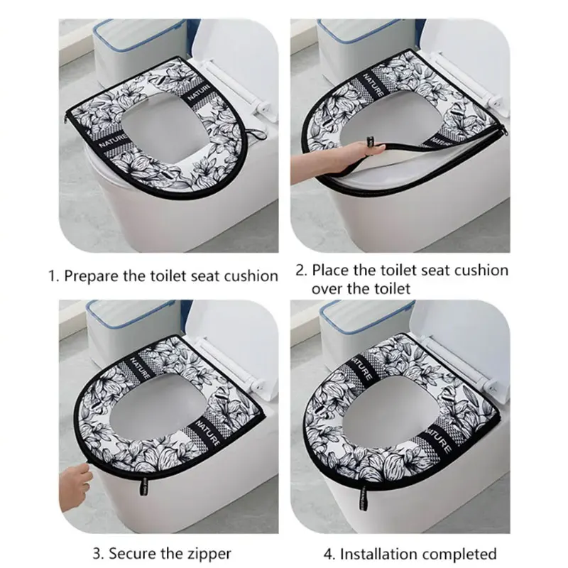 Flannelette Toilet Seat Cushion Household Universal Thickened Printing Zipper Toilet Cover Waterproof Plush Toilet Heating Pad 4