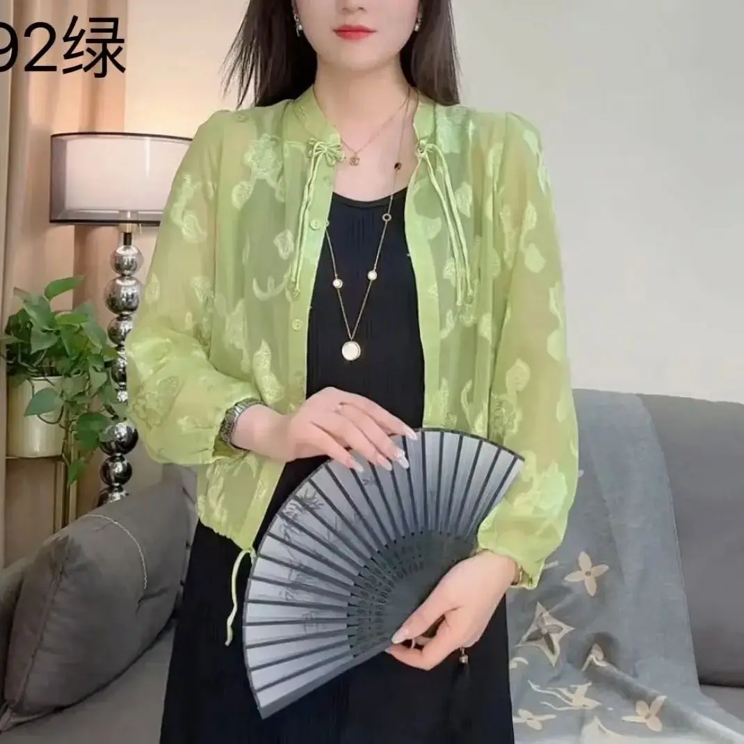 

Summer New Round Neck Fashion Long Sleeve Shirt Women Elegant Jacquard Weave Button Patchwork Cardigan Shirring Thin Style Tops