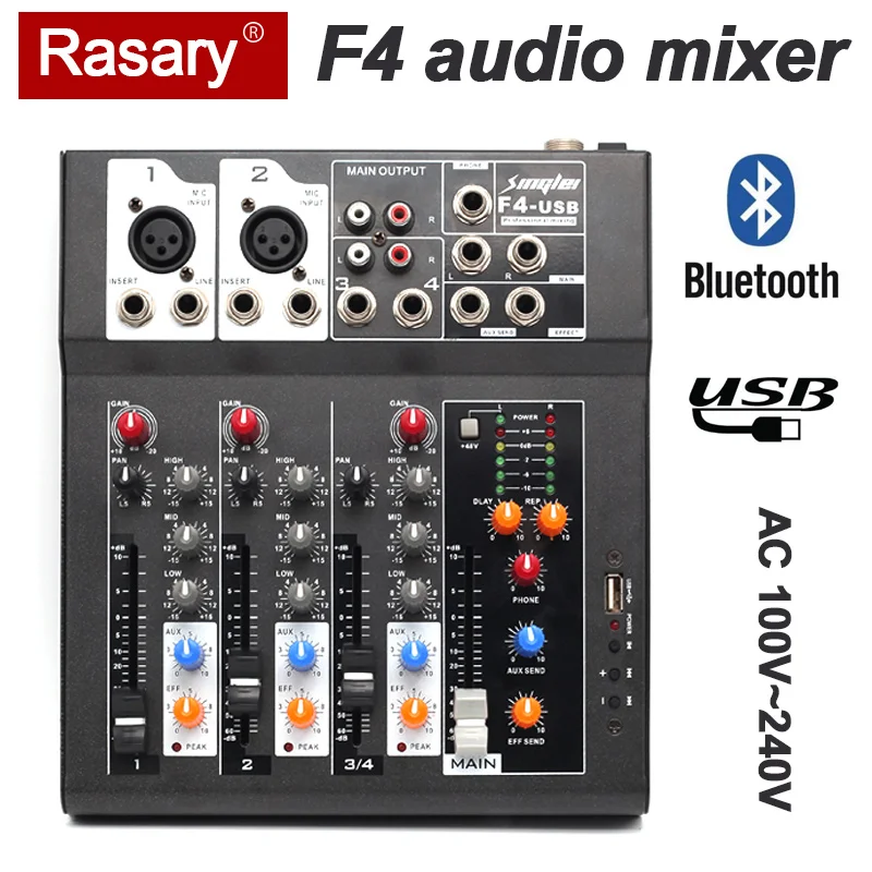 

4-канальный аудио-микшер F4, микшер, DJ-консоль, USB с 48 В фантомным питанием, эффекты DSP, Bluetooth-совместимый USB-звук
