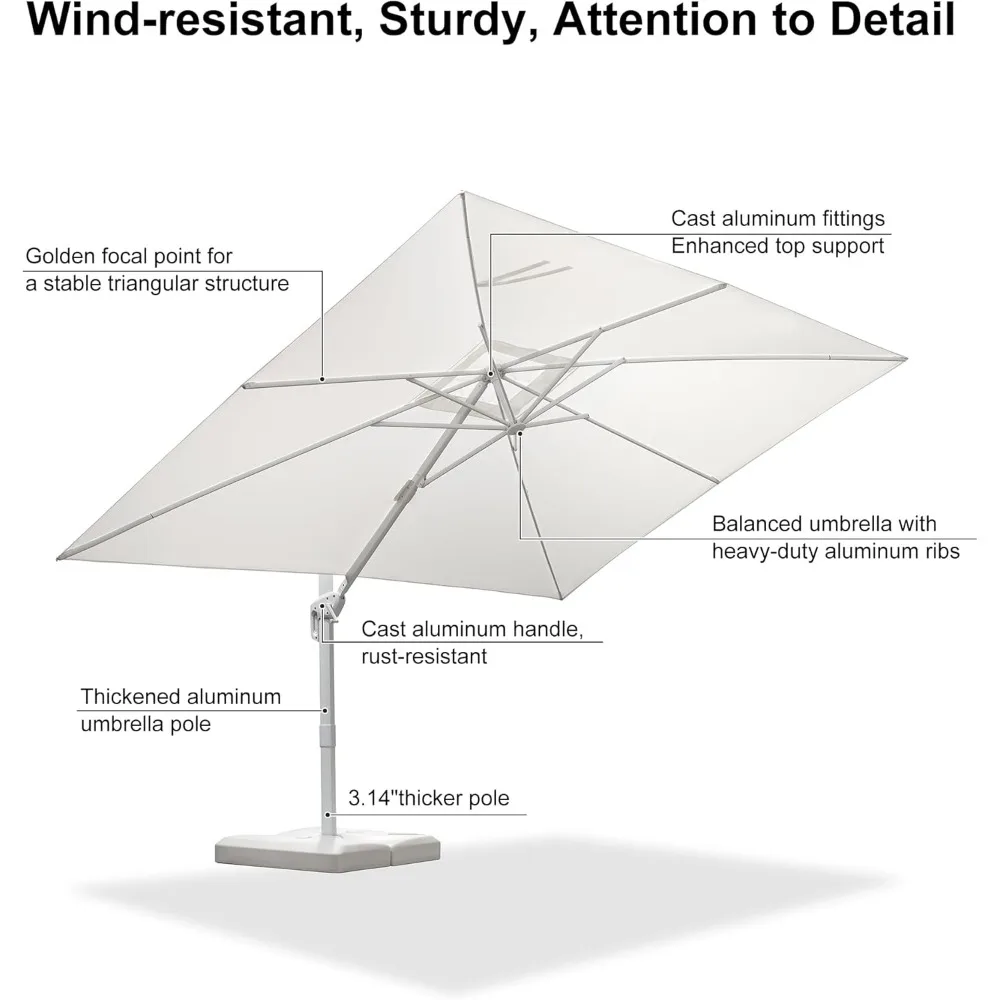 9' &times; 11.5' Patio Umbrella White Cantilever Umbrella Aluminum Square Outdoor Offset Hanging Windproof with 3