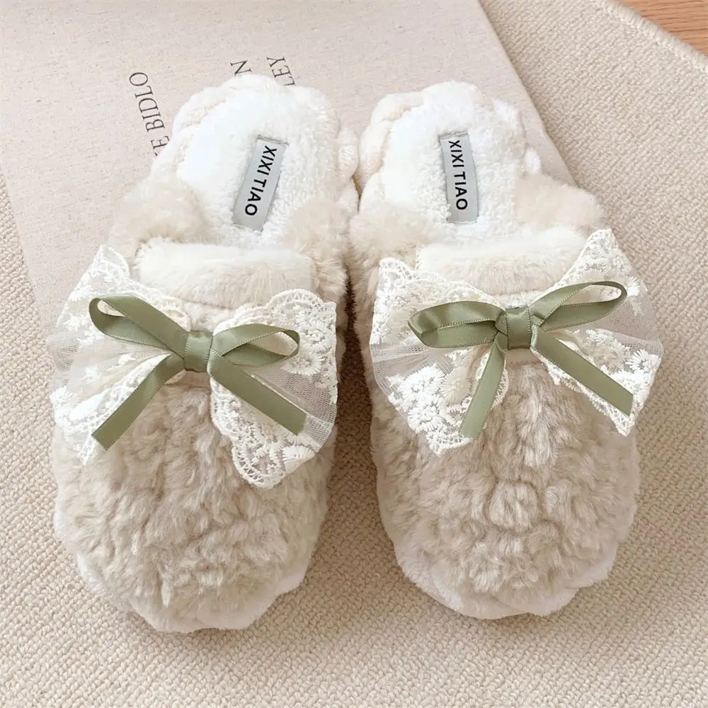 Winter Warm Fur Slippers for Women Cute Bow House Non Slip Soft Shoes Comfort Flat Heel Home Indoor Bedroom Plush Cotton Slides 4
