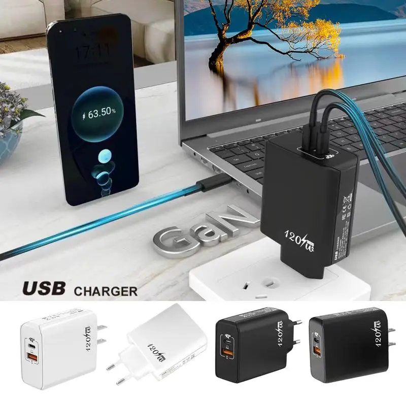 

GaN USB Charger 120W USB Power Adapter Universal GaN adapter Type C+USB dual portfast charge Travel Plug head for Phone
