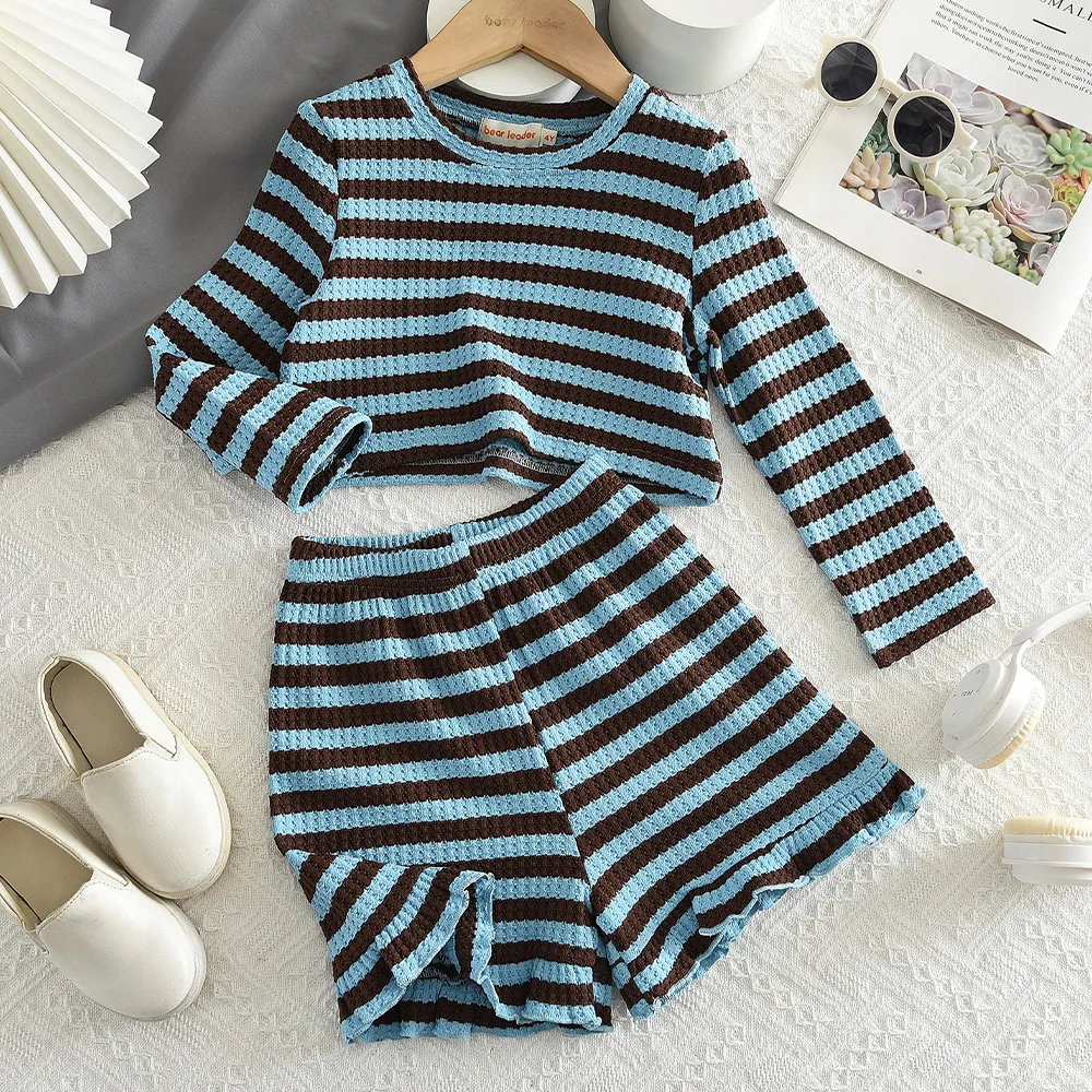 Herbst Neue Blau Gestreiften Koreanische Version Modische Mädchen Casual Kleidung Lange Ärmeln Top + shorts Zwei-stück Set Komfortable