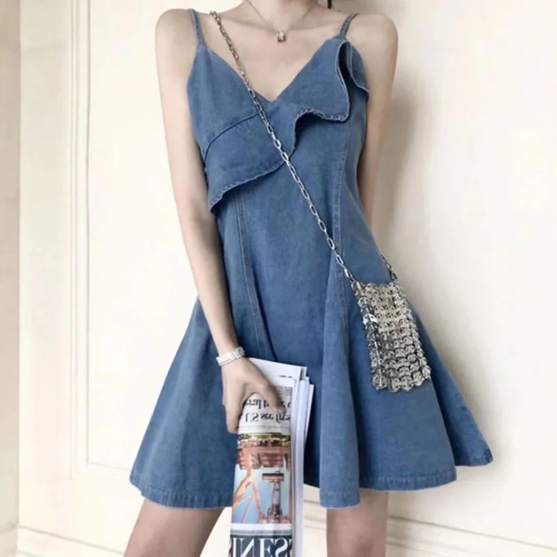 

Lucyever Blue Denim Spaghetti Strap Dress for Woman Korean Chic Ruffles V Neck Mini Dress Ladies Summer Backless Beach Dresses