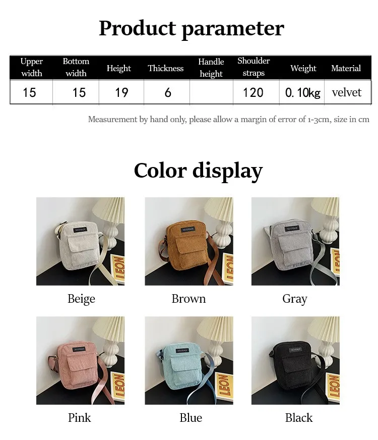 A stylish women’s corduroy shoulder bag with striped fabric design, zip closure, and canvas crossbody strap product parameter