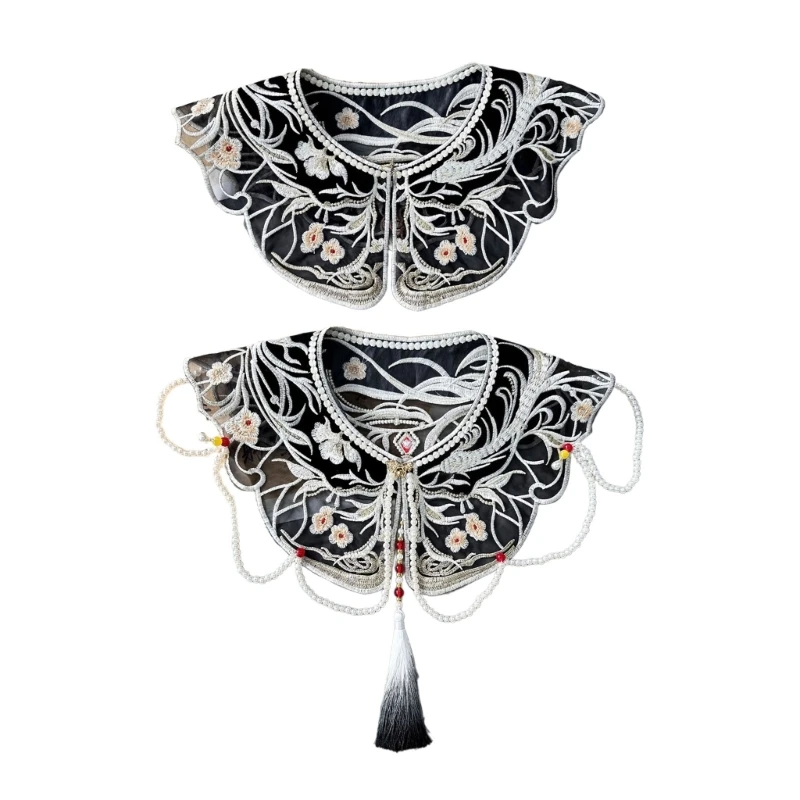 

Detachable False Collar Chinese Embroidery Pearl Tassels Black Yunjian Shawl