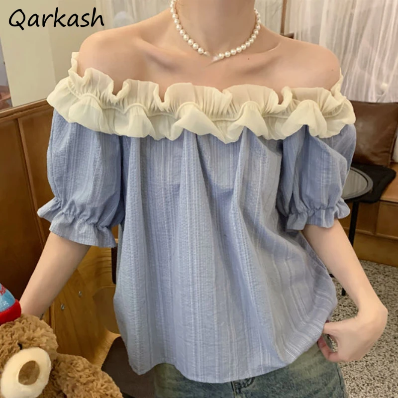 

Slash Neck Blouses Women Clothing Ruffles Elegant Summer Backless Aesthetic Panelled Puff Sleeve Kawaii Daily Girlish Tender New