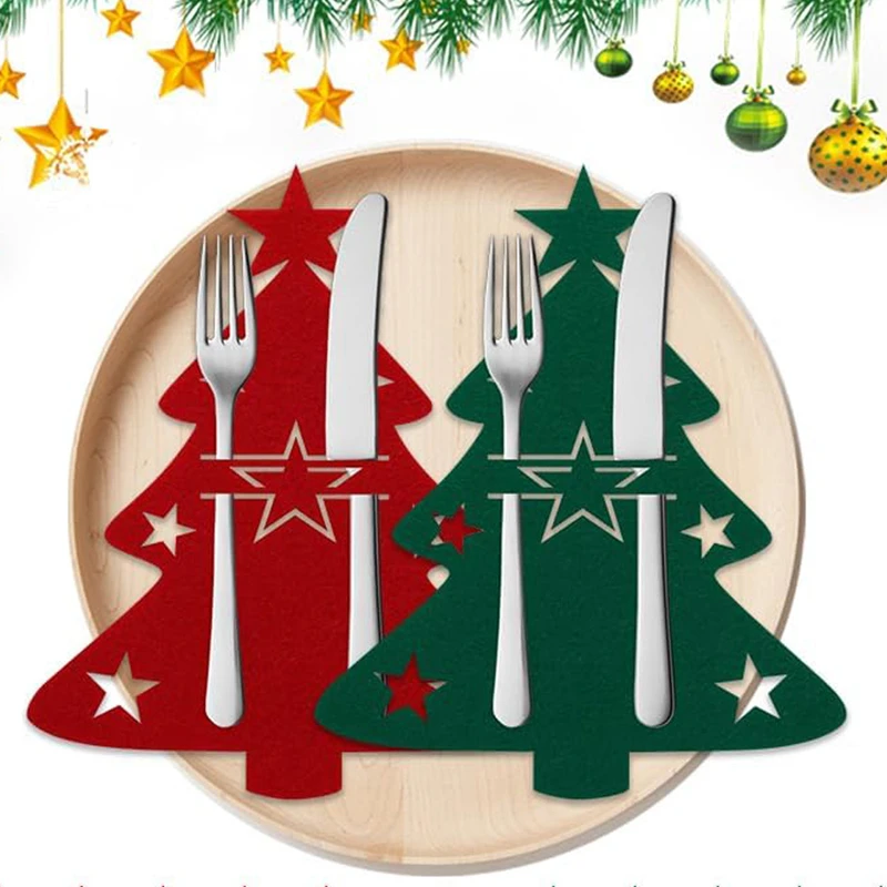 12-1PC Felt Christmas Tree Cutlery Rack Fork Spoon Bag Christmas Table Decoration Cutlery Bag Xmas Party Festival Table Ornament Christmas Decorations