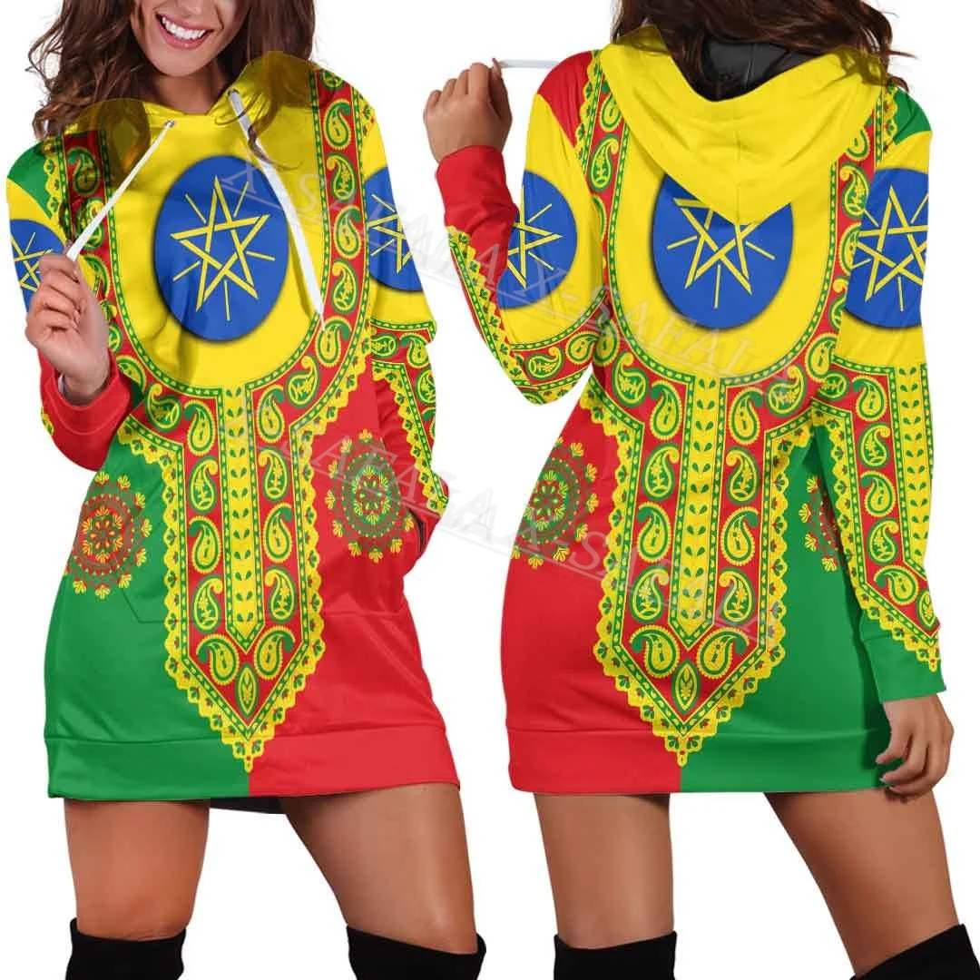 

Ethiopia Color Lion Country Emblem National Flag 3D Print Autumn Hoodies Dress Women Casual Wear Long Sleeve Hooded Dress-3