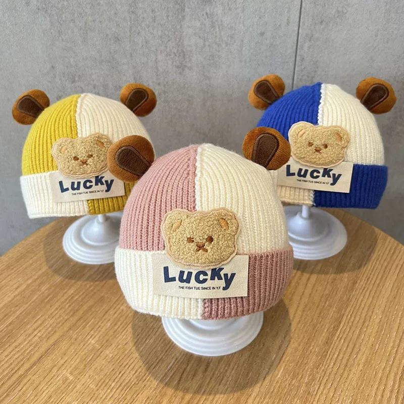 Winter Baby Cartoon Beanie Cap Kids Cute Bear Ear Ear Protection Knitted Hat Boy Girls Warm Woolen Pullover Beanies Children