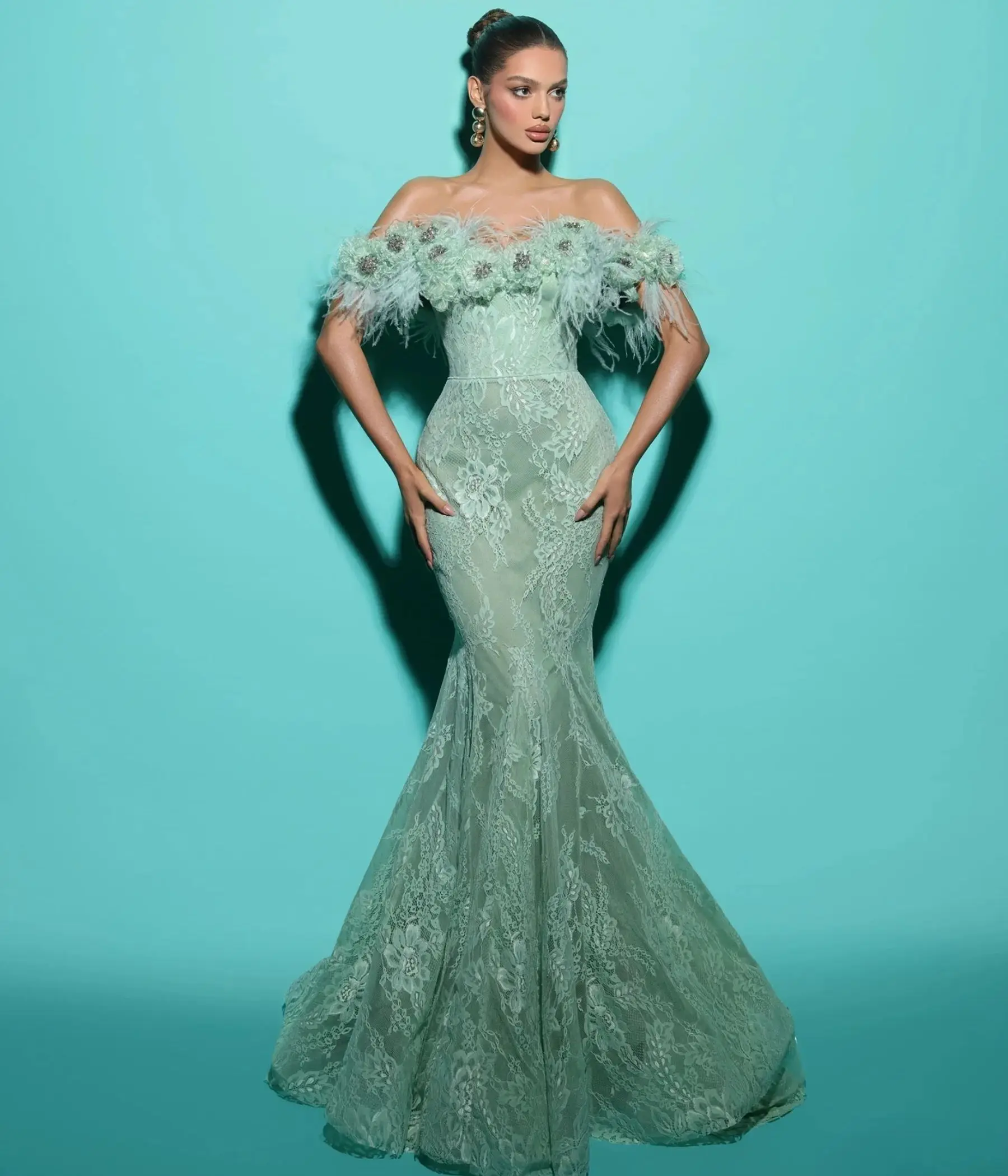 

Luxurious Mermaid Evening Dresses Off Shoulder Lace Feathers Women Prom Gowns Charming Sweep Train Celebrity Party Dresses