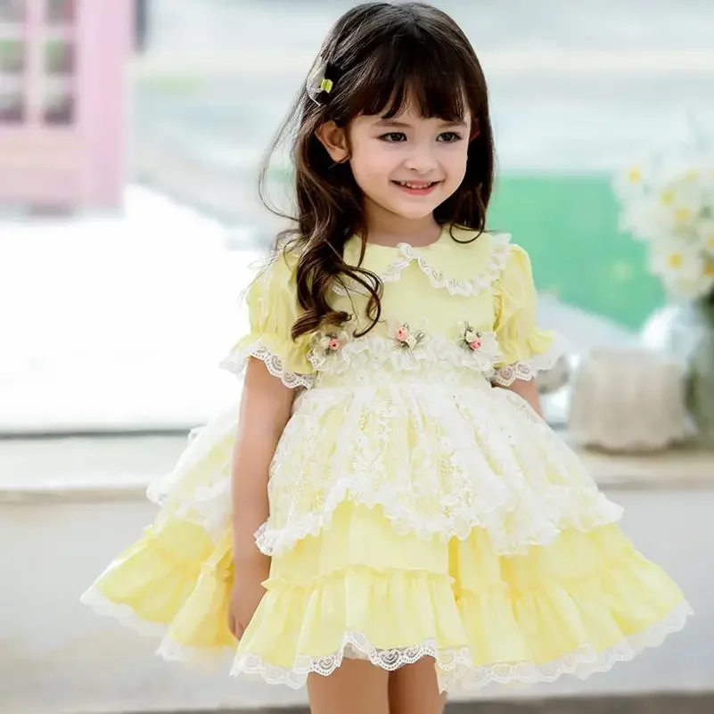 

Summer New Spanish Lolita Princess Ball Gown Short Sleeve Lace Stitching Birthday Party Easter Dresses For Girl 12M-6T