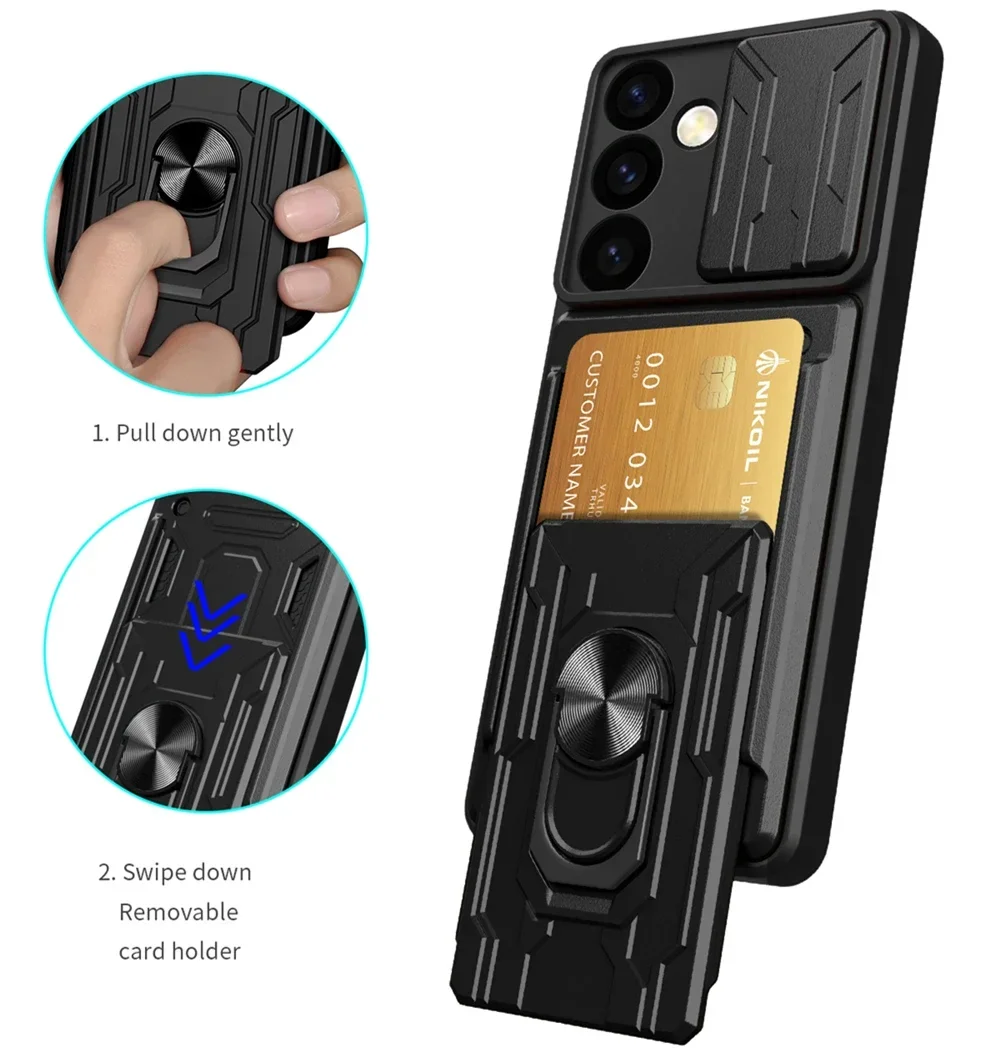 Case for Samsung Galaxy S24 Plus Armor Card Bag Shell GalaxyS24 S23 FE S22 A25 A54 A14 A53 A13 Ultra Plus Kickstand Ring Cover