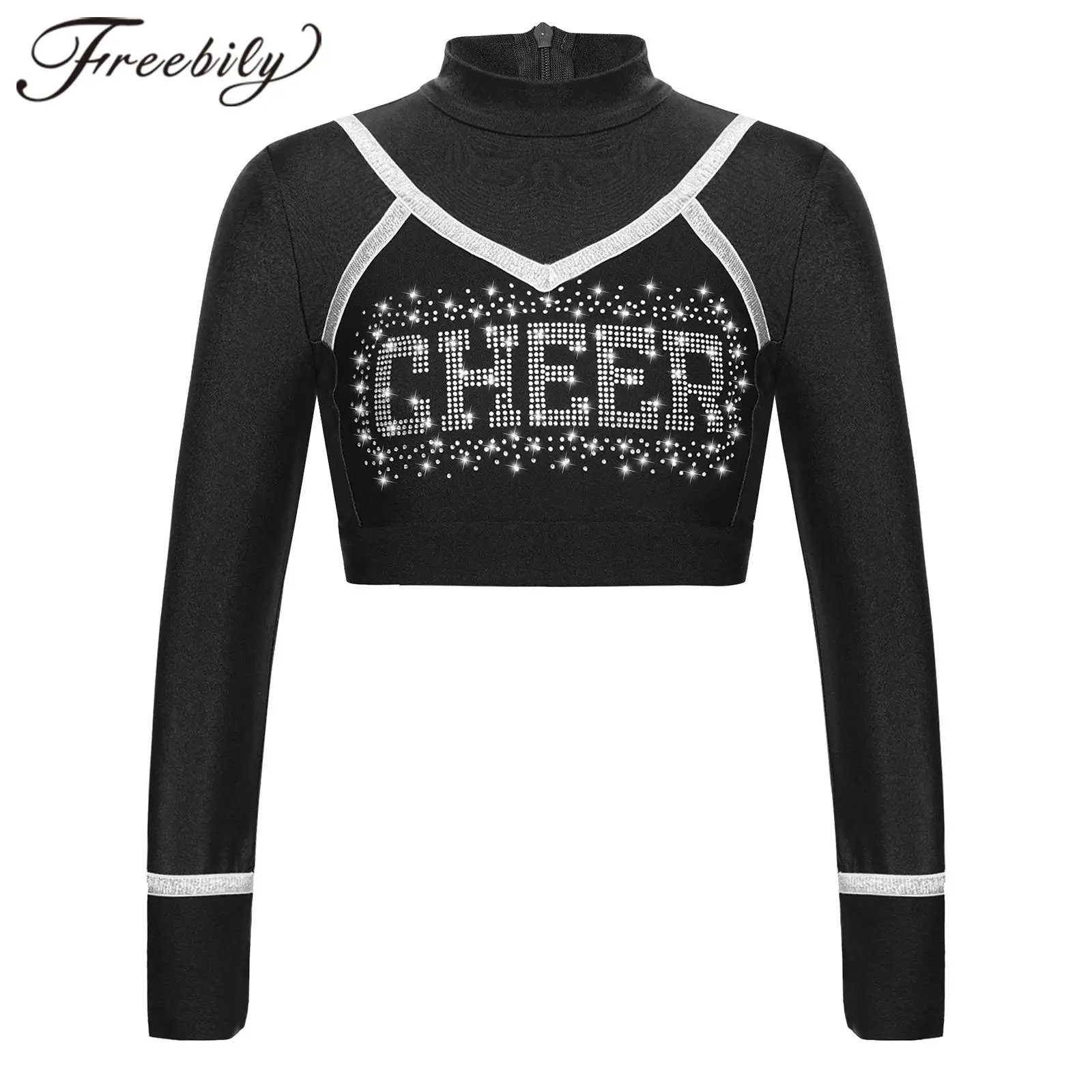 Kids Girls Letter Printed Cheerleading Clothes Children Cheer Dance Tops Long Cheerleader Costume Sleeve Contrast Color Crop Top