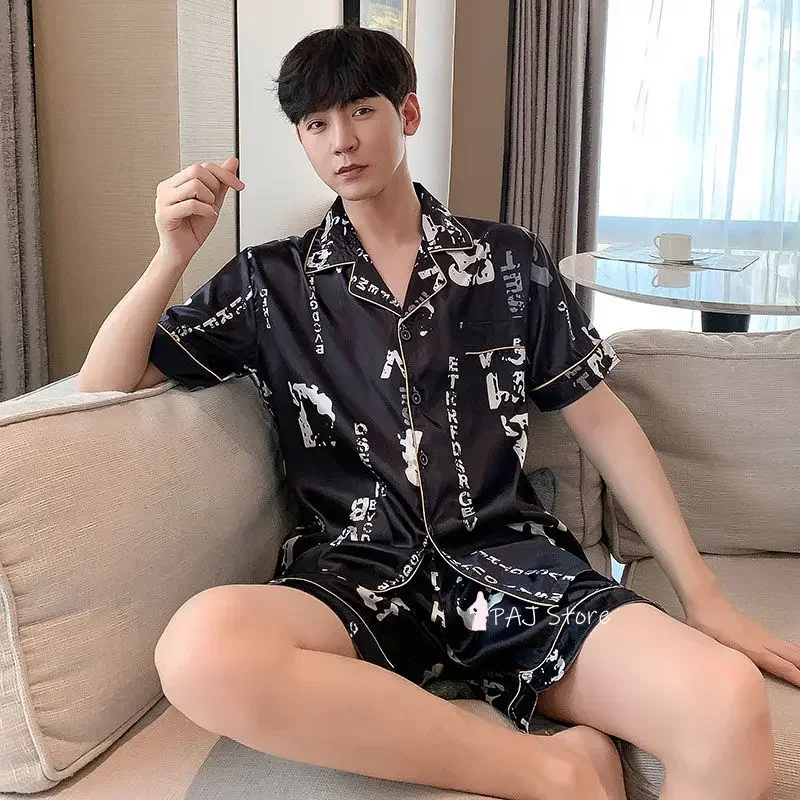 Large Size 5XL Men's Pajama Short's For Summer Satin Set Silk Sleepwear Male Pijama Casual Home Clothes Pyjama Homme Pijamas silk pajamas,man pajamas set,satin pajama set