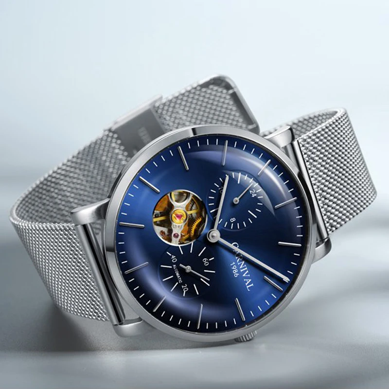CARNIVAL Top Brand Luxury Hollow Automatic Mechanical Watch Men Stainless Steel Mesh Belt Waterproof Watches reloj hombre