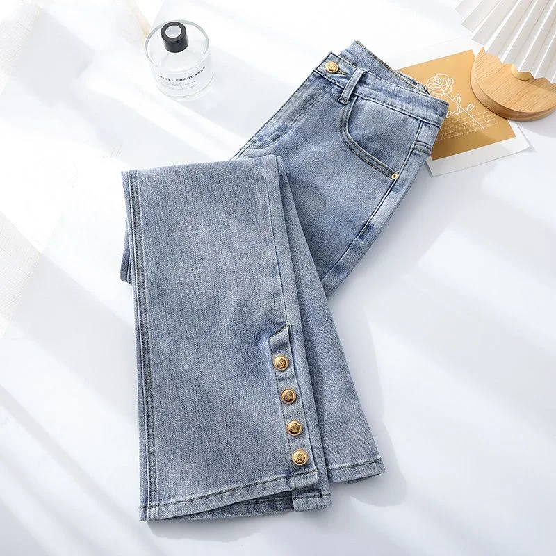 2023 Spring and Autumn Wear New Casual Fashion High Waist Slim Split Nine Point Jeans