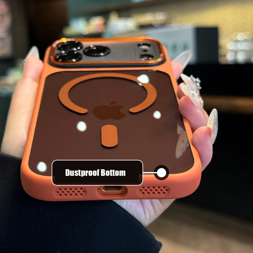 Sleek Clear Acrylic Magnetic Phone Case with Metal Frame and Wireless Charging Compatibility