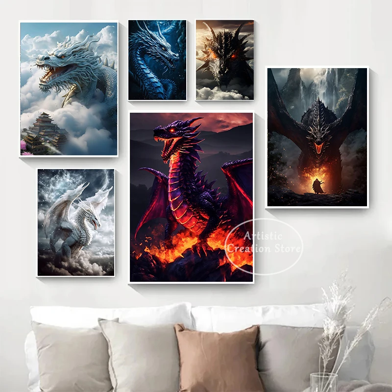 Angel Dragon In The Clouds Poster Silver Dragon Fire Dragon Boss Canvas Painting Living Room Prints Picture Wall Art Home Decor