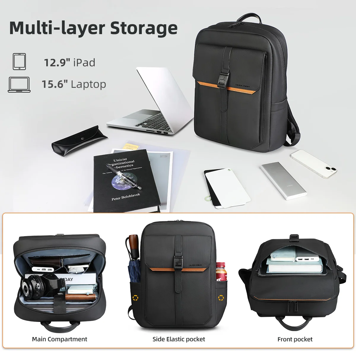 Heroic Knight Business Laptop Backpack 15.6" Men Waterproof Fashion Magnetic Flap Travel Backpack Trekking Casual Backpack Black 5
