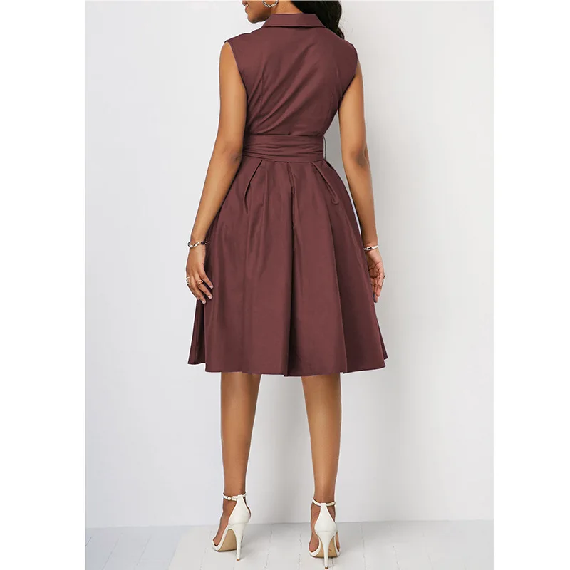 Summer Clothes for Women Polo-Neck Solid Lacing A-line Skirt Fashion Splice Pockets Sleeveless High Waist Plus Size Midi Dress