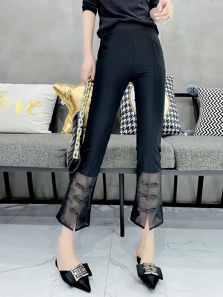 

High Waist Print Slit Western Cropped Pants Lady Spring Summer Versatile Mesh Hot Slim Trousers