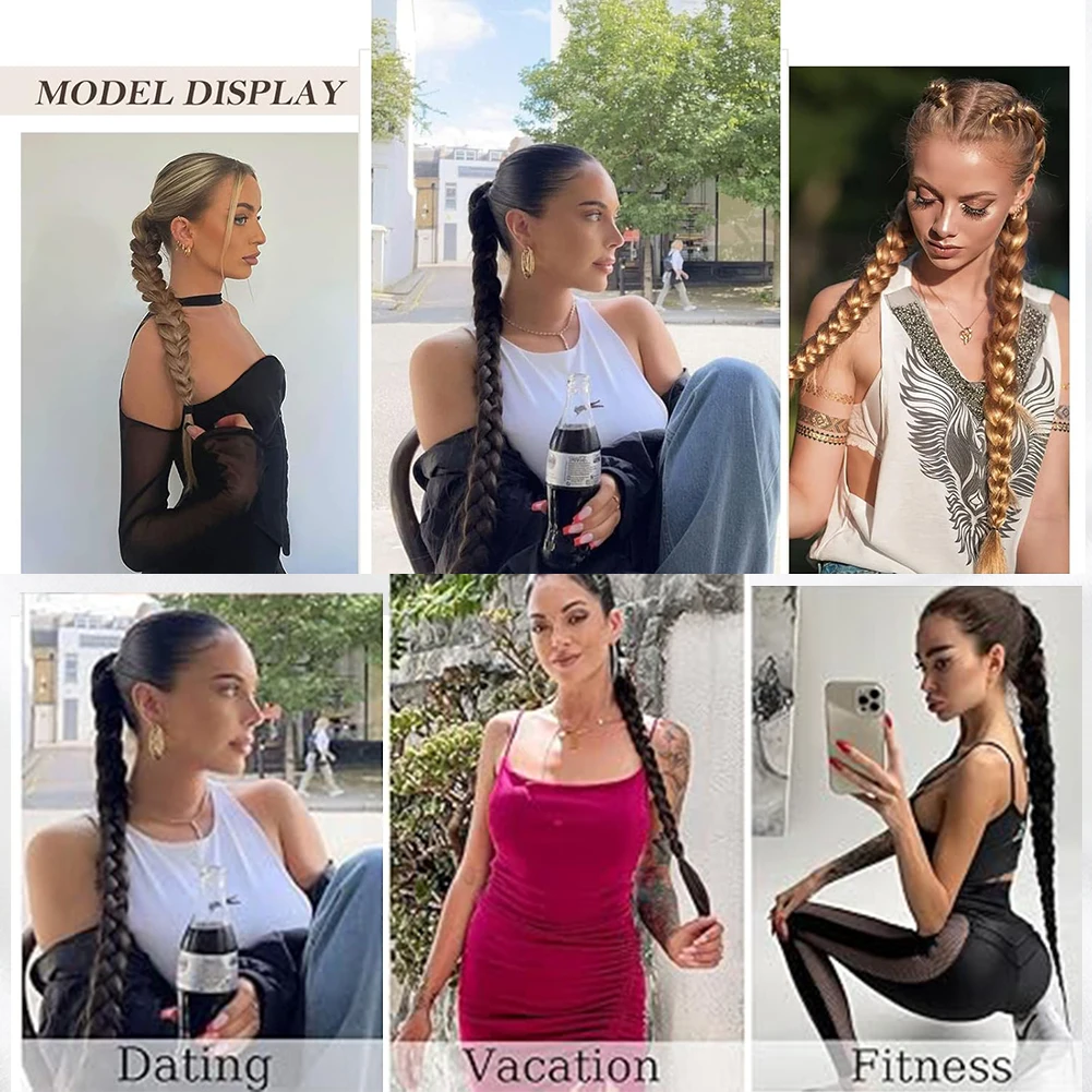 Long DIY Braided Ponytail Extension with Hair Tie Straight Wrap Around Hair Extensions Ponytail Natural Soft Synthetic fake hair extensions