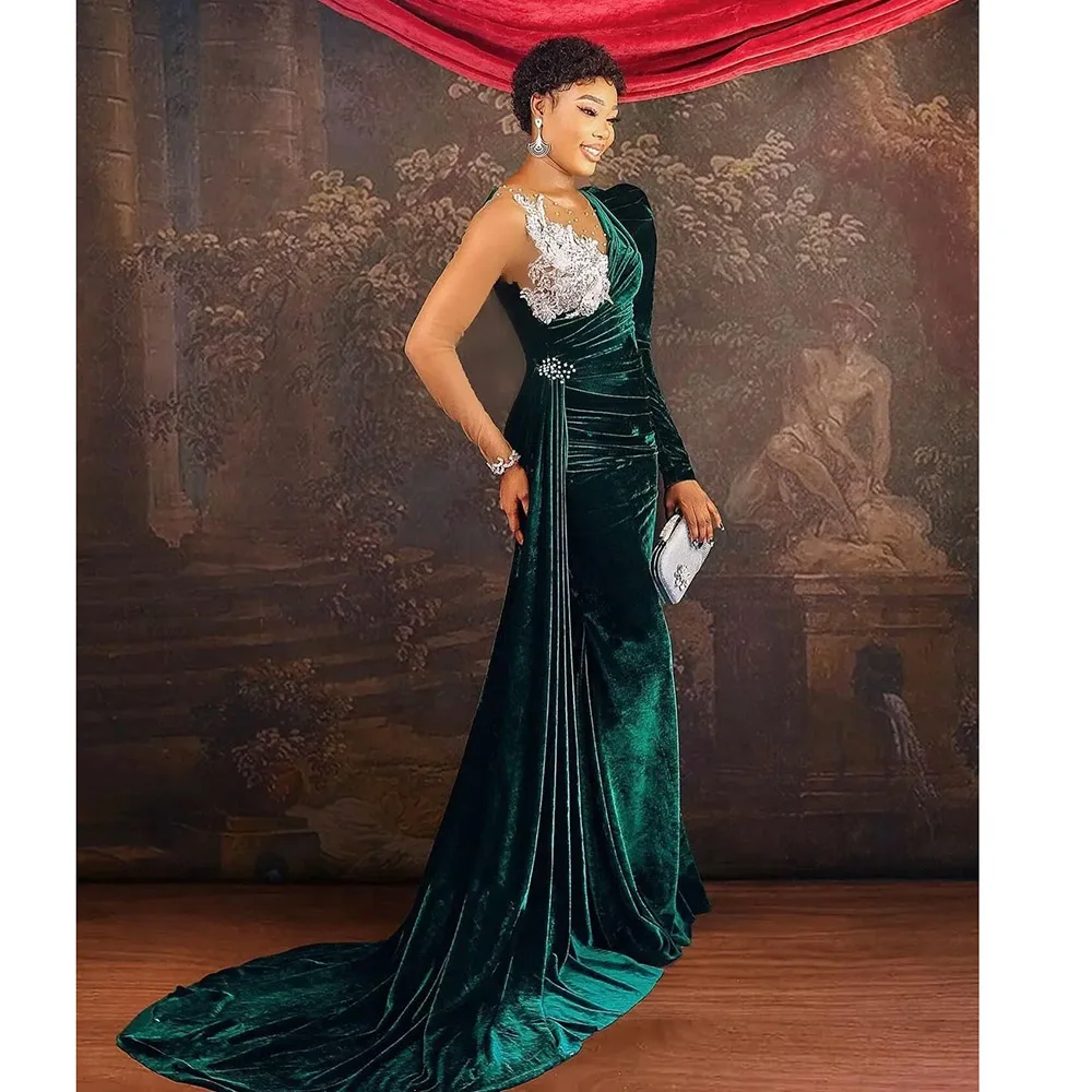 

Green Velvet Evening Dress Long Sleeve O-Neck Floor Length Chapel Train Appliques Pleat Special Event Elegant Women Vestidos