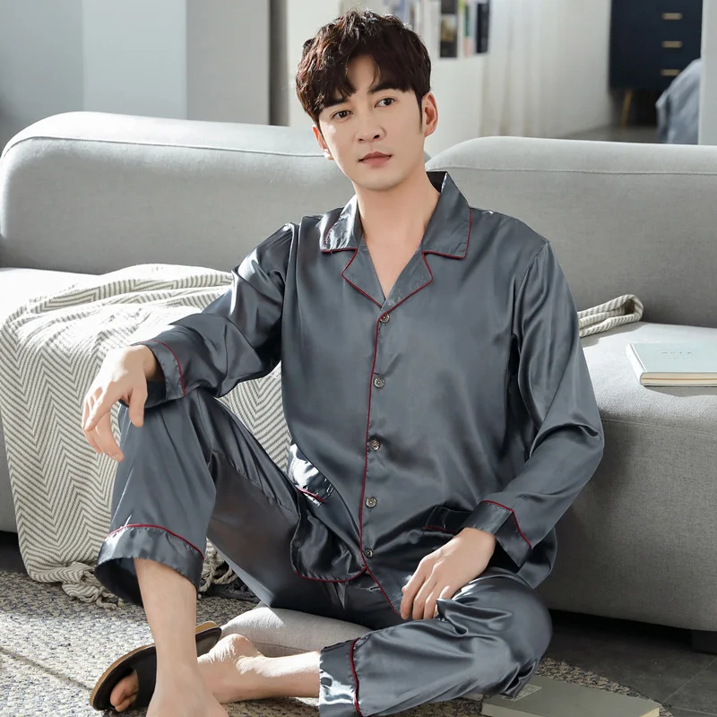 Men's pajamas men's spring and autumn long sleeve thin silk Korean version plus fat plus size leisure suit ice silk home clothes mens cotton pajama bottoms Men's Sleep & Lounge