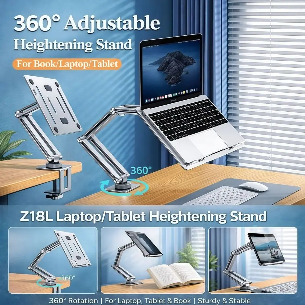 튼튼한 360 ° 회전식 노트북 책상 마운트 싱글 암 접이식 노트북 스탠드 17인치 노트북용 알루미늄 조절식 태블릿 홀더