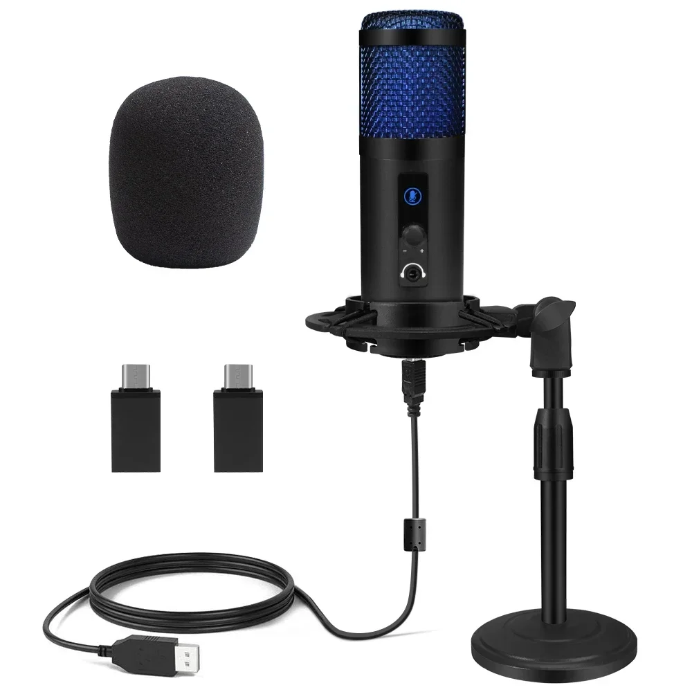 

USB Condenser Microphone Compatible with PC Android RGB Light Microphone with 3.5mm Jack Mute Key for Recording Podcasting