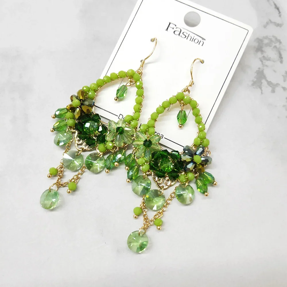 

Bohemian Hand-woven Exaggerated Long Tassel Crystal Earrings Temperament Personality Korean Flower Earrings Jewelry for Women