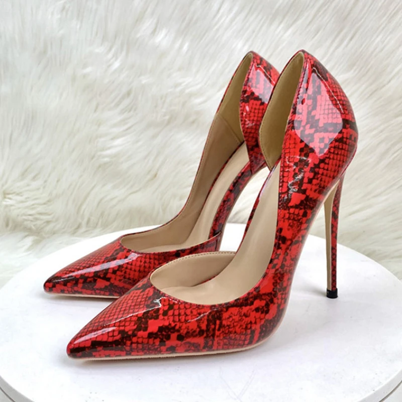 

Red sexy snake print pointed toe 8cm 10cm 12cm high thin heel dress boat form wedding party dating cozy lady pump QP178 ROVICIYA