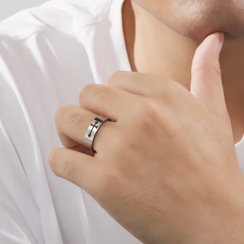 Edelstahl Jesus Kreuz Ring Christus Bibel Gebet Fingerringe für Männer 8mm 6mm Amulett Schmuck Größe 7-13 – Detail 5