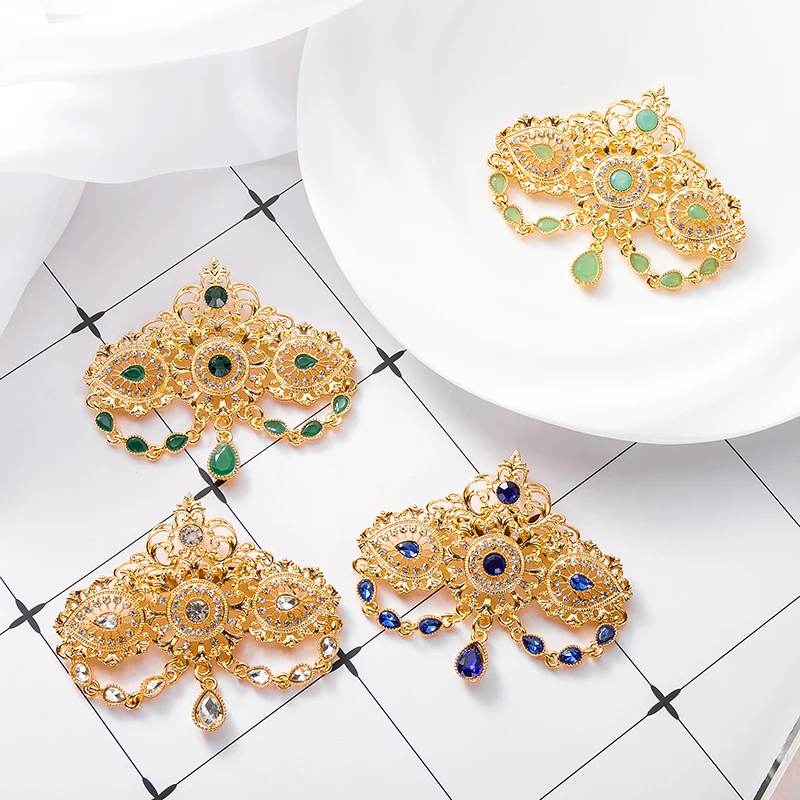 Abito Da Sposa Placcato Oro Marocchino Spilla Gioielli Hollow Flower Design Luxury Palace Style Arabi Kaftan Crystal Pin Bijou