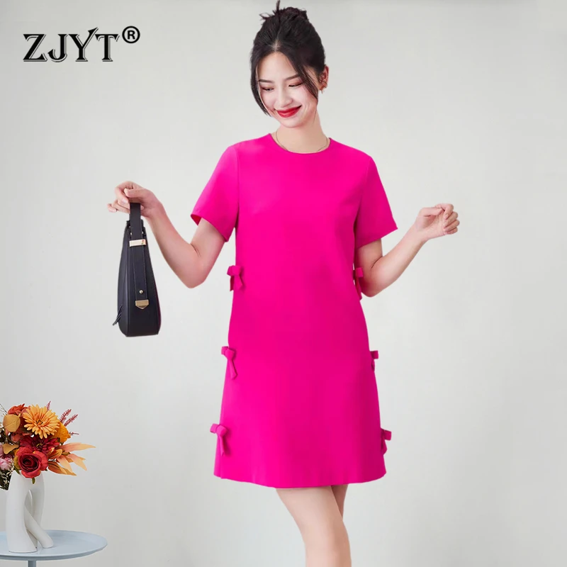 

ZJYT Runway Fashion Summer Dresses for Women 2024 Short Sleeve Bowknot Sweet Simple Casual Dress Loose Waist Party Vestidos New