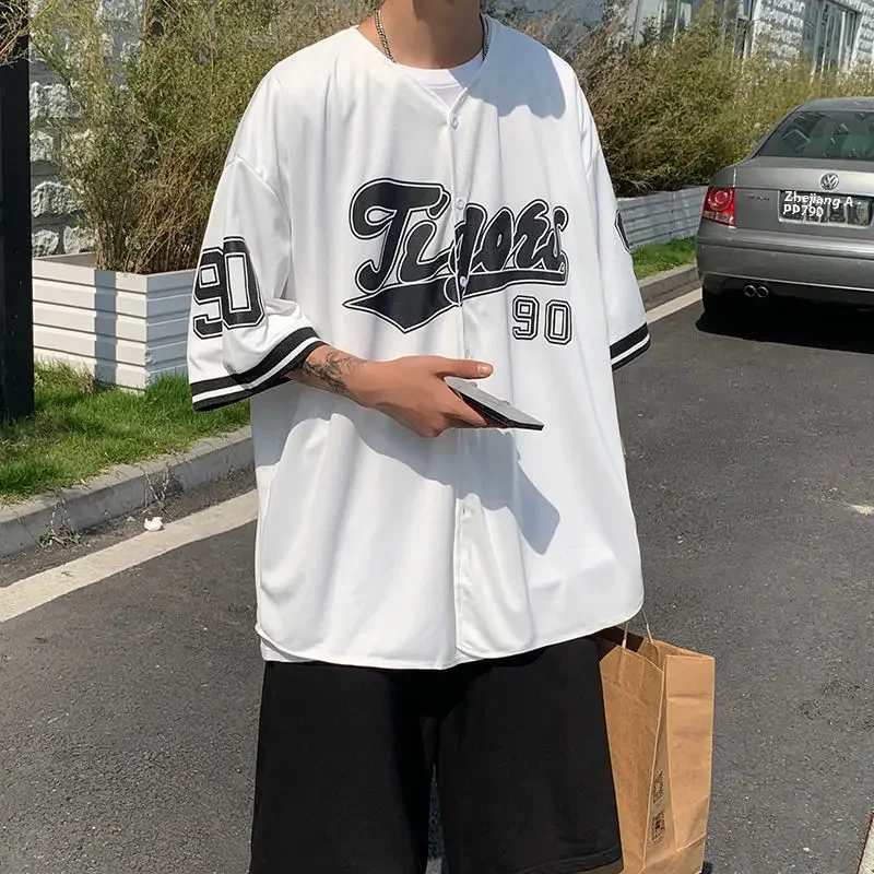 남성용 슬림핏 반팔 티셔츠, 캐주얼 루즈한 스타일, 다용도 힙합 가디건, 야구 유니폼, 2022 여름 유행