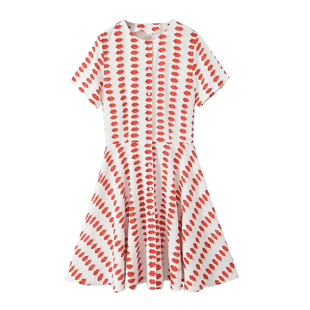 

Women's 2024 New Fashion Slim Fit Print Round Neck Wide pleated Mini Dress Retro Short Sleeve Button up Women's Dress Mujer
