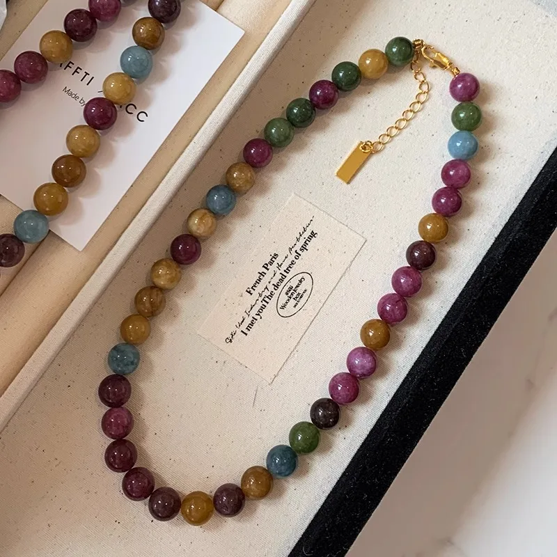 Colar feminino de turmalina colorida natural com contas de 8mm e corrente folheada a ouro 14K - foto 1