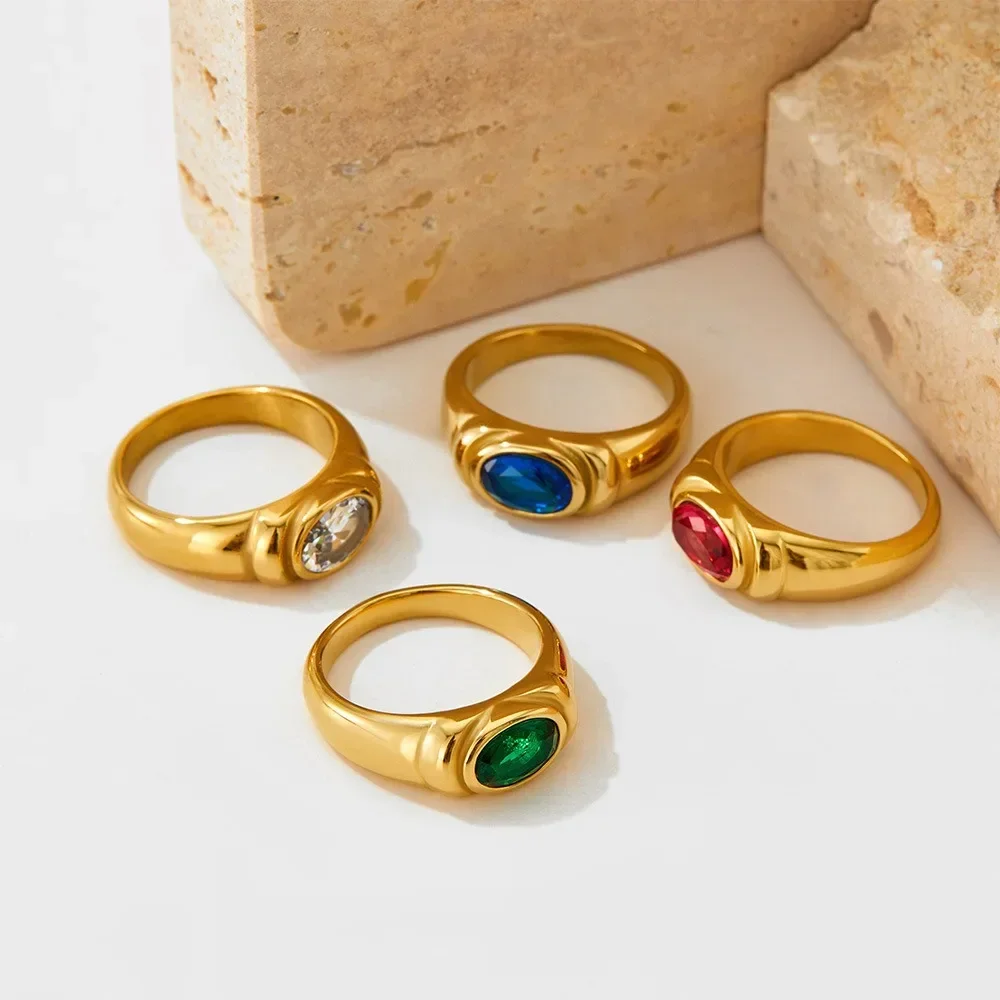 New Retro Multicolour Zircon Oval Crystal Engagement Ring for Women  Stainless Steel Chunky Knuckle Rings Gothic Jewelry Anillos