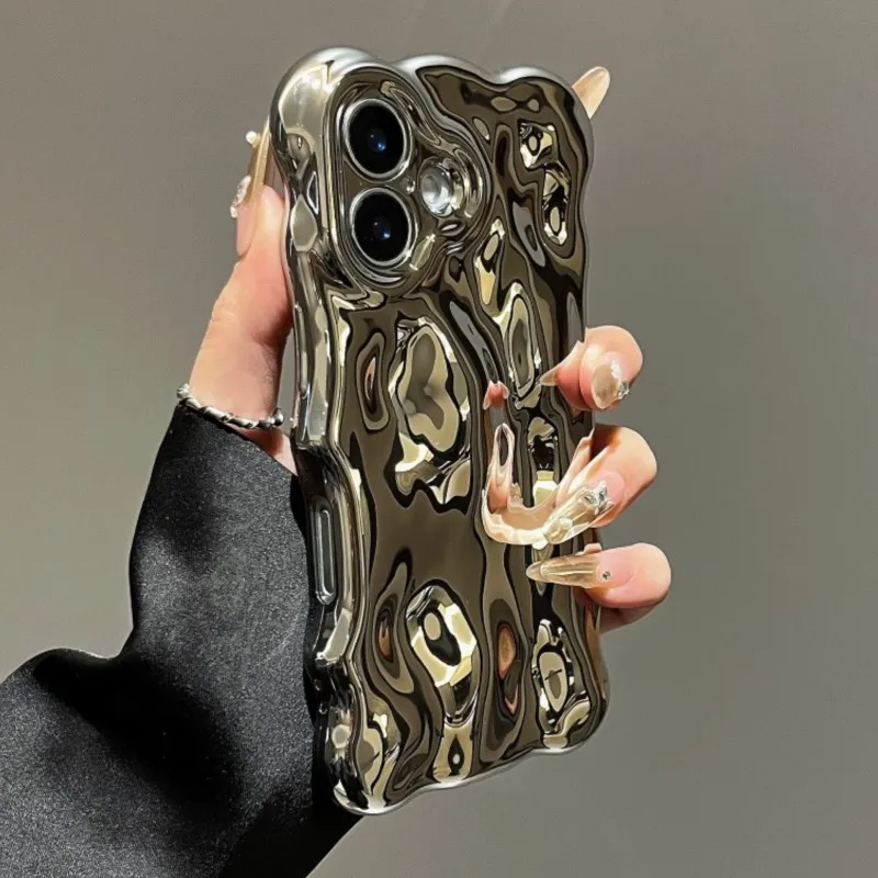Luxury Plating Curved 3D Waves Glossy Phone Case with Shockproof Soft Bumper Cover