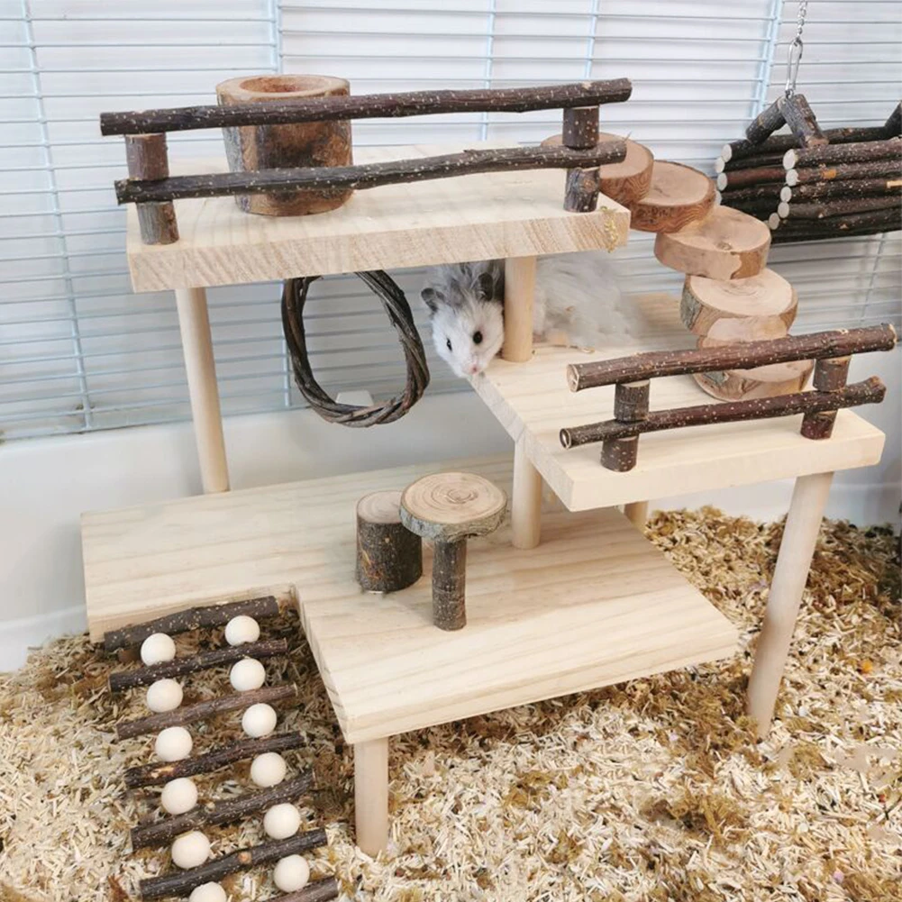 

Wooden Hamster Platform with Fence Climbing Ladder 3 Tier Handmade Guinea Pig Playground Small Animals Exercise Activity Toy